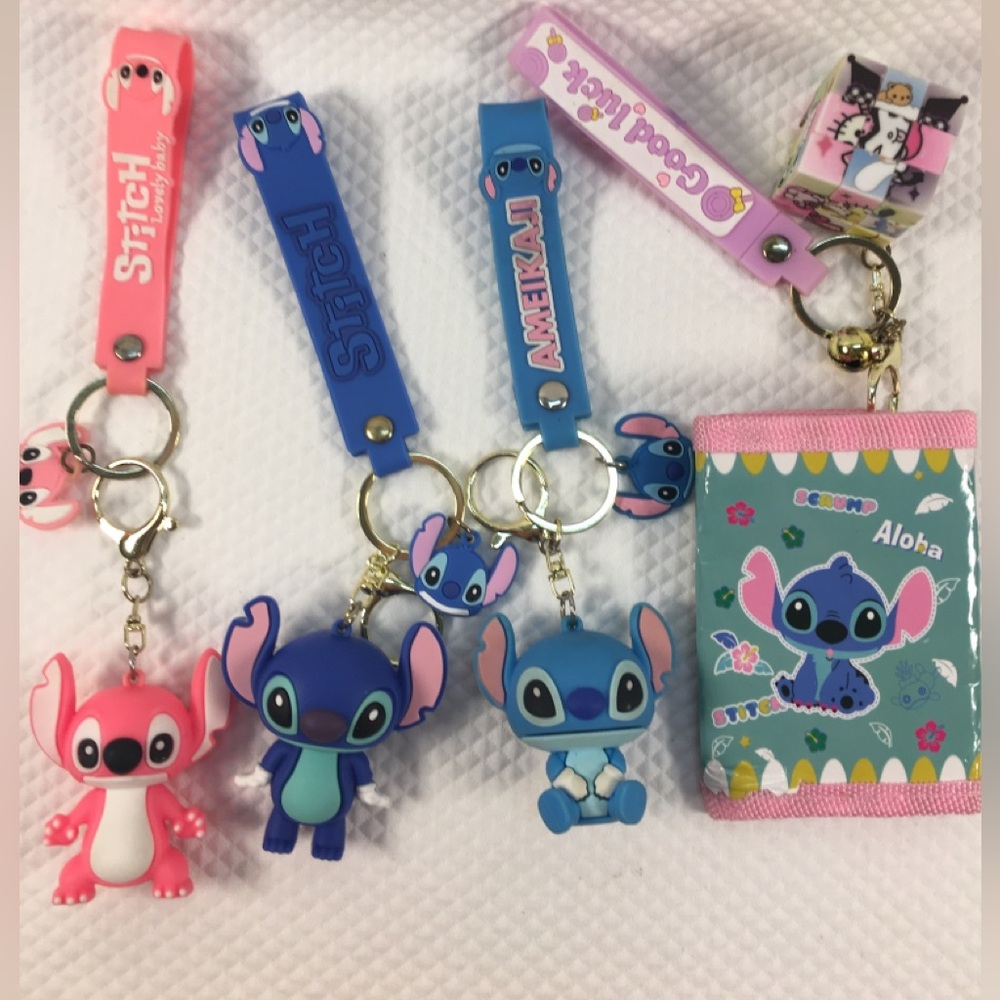 Disney Stitch & Angel Keychains Lot of 4 Items w/Character Charm & Wallet 1 extr